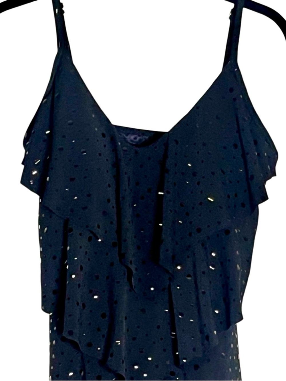 Magic Suit Black Tiered Tankini Top Shiny Dots Ruffle Swim Top Size 10 - Picture 2 of 8